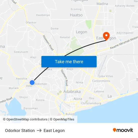 Odorkor Station to East Legon map