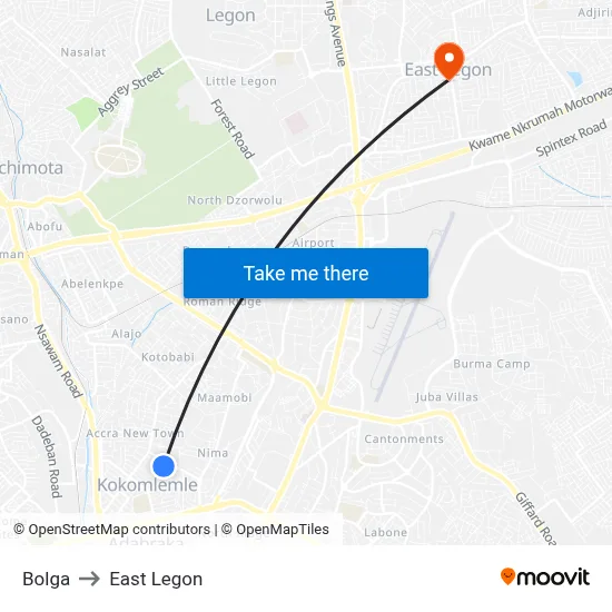 Bolga to East Legon map
