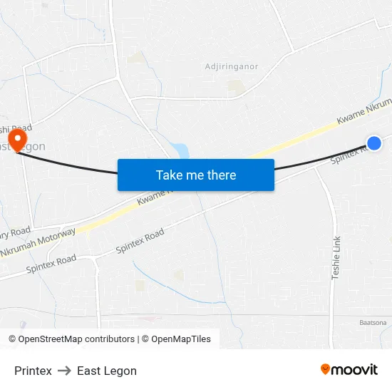 Printex to East Legon map