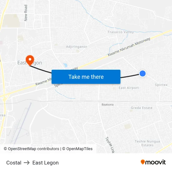 Costal to East Legon map