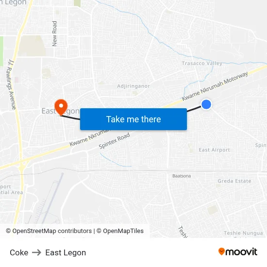 Coke to East Legon map