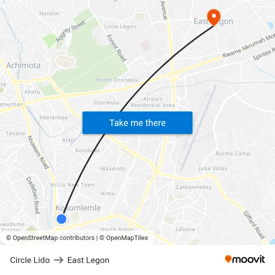 Circle Lido to East Legon map