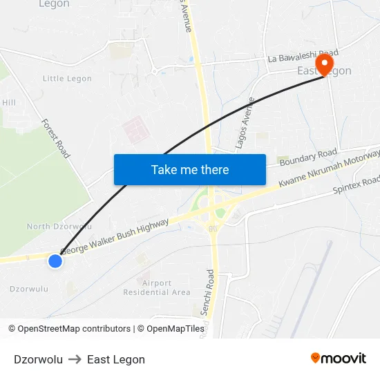 Dzorwolu to East Legon map