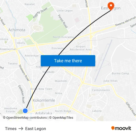 Times to East Legon map