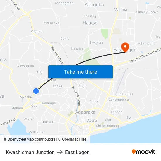 Kwashieman Junction to East Legon map