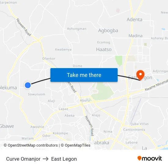 Curve Omanjor to East Legon map