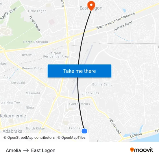 Amelia to East Legon map