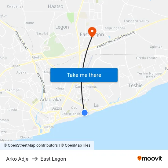 Arko Adjei to East Legon map