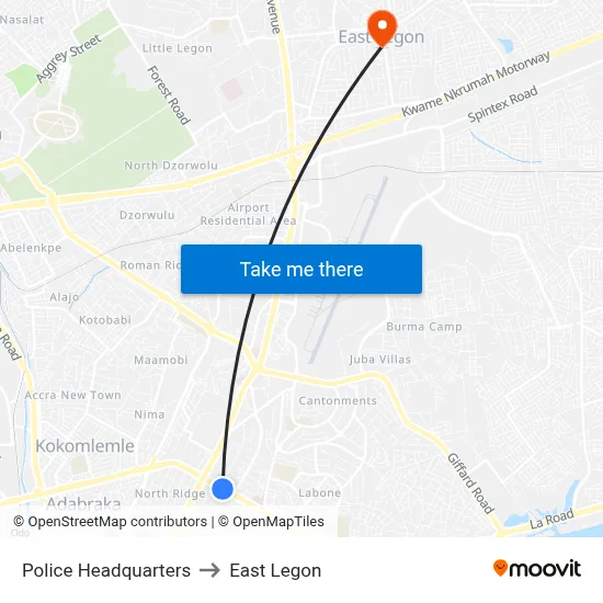 Police Headquarters to East Legon map
