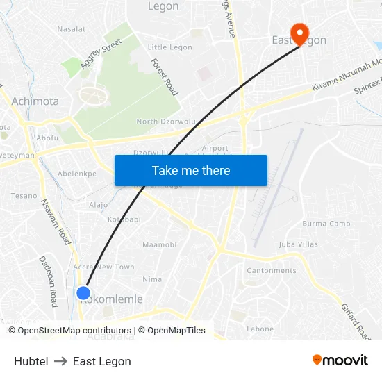 Hubtel to East Legon map
