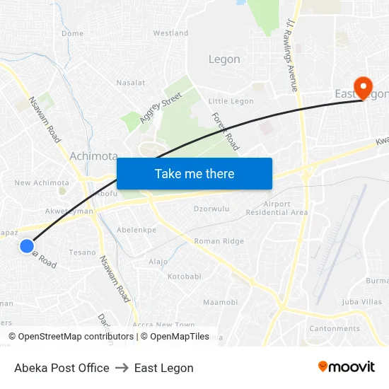 Abeka Post Office to East Legon map