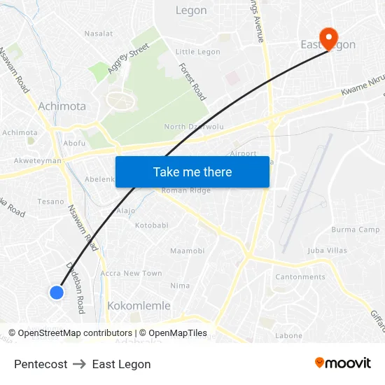 Pentecost to East Legon map