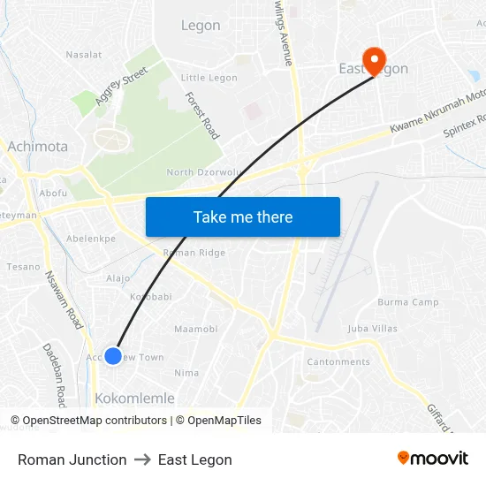 Roman Junction to East Legon map