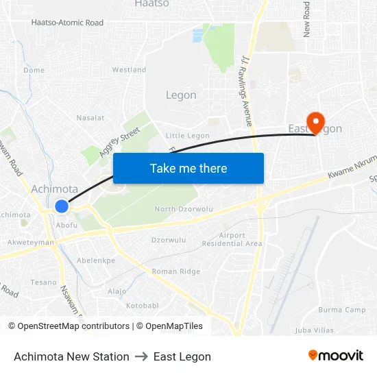 Achimota New Station to East Legon map