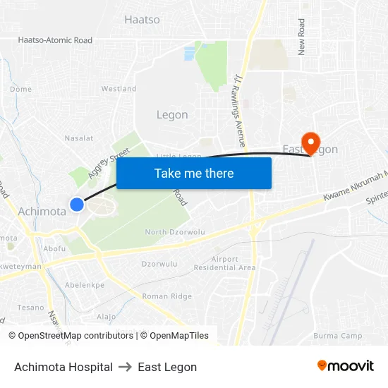 Achimota Hospital to East Legon map
