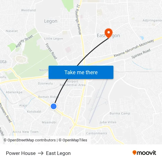 Power House to East Legon map