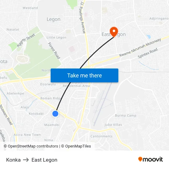 Konka to East Legon map