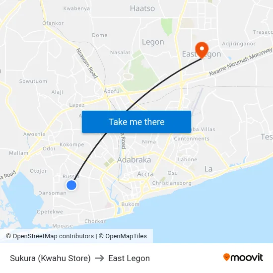 Sukura (Kwahu Store) to East Legon map