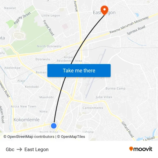 Gbc to East Legon map