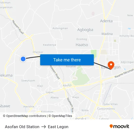 Asofan Old Station to East Legon map