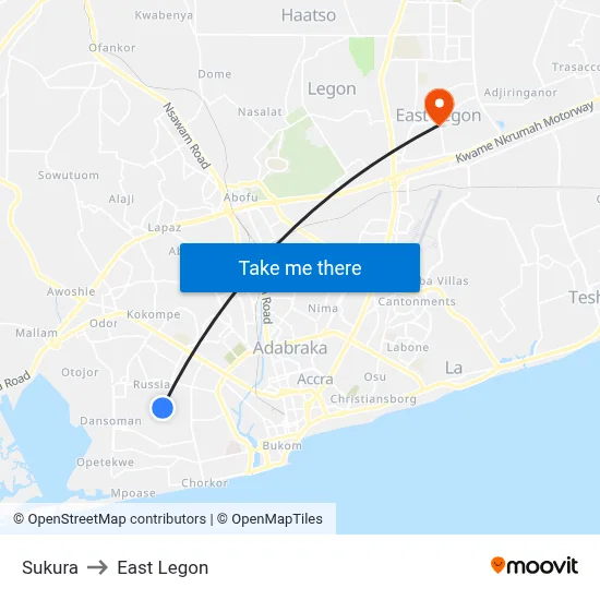 Sukura to East Legon map