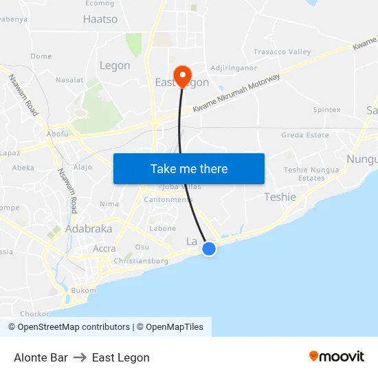 Alonte Bar to East Legon map