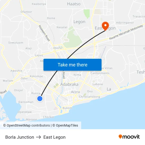 Borla Junction to East Legon map