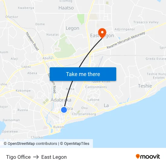 Tigo Office to East Legon map
