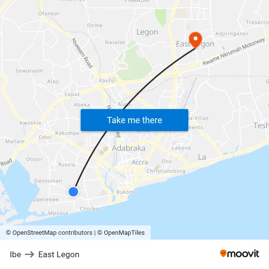 Ibe to East Legon map