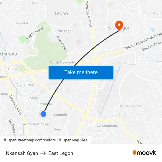 Nkansah Gyan to East Legon map