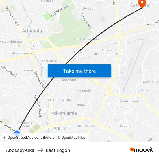 Abossey-Okai to East Legon map