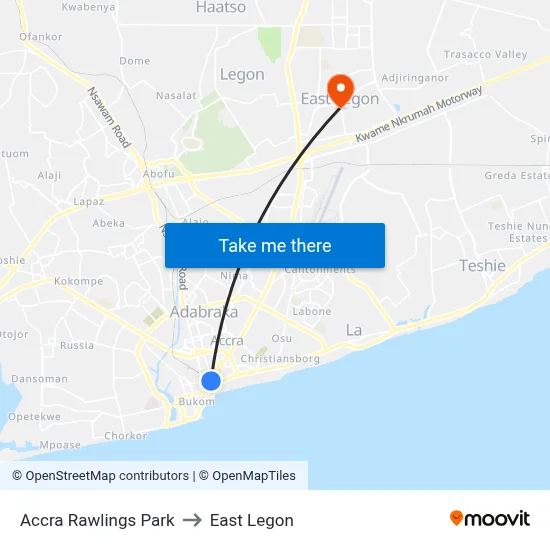Accra Rawlings Park to East Legon map