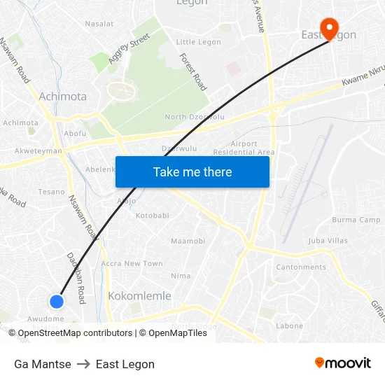 Ga Mantse to East Legon map