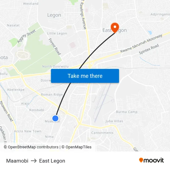 Maamobi to East Legon map
