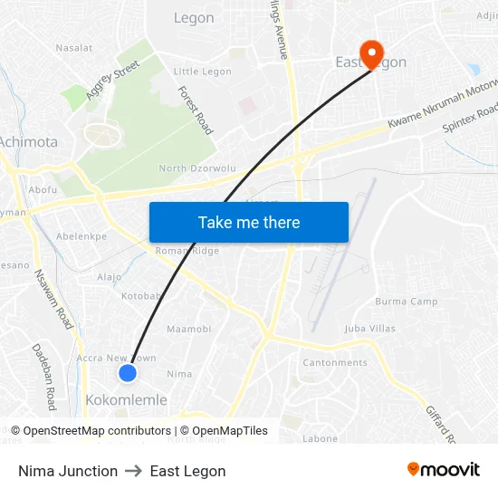 Nima Junction to East Legon map