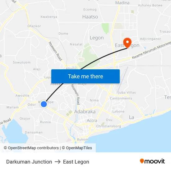 Darkuman Junction to East Legon map