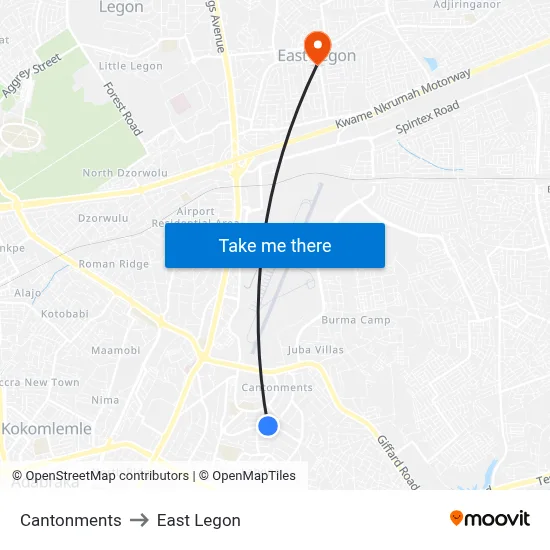 Cantonments to East Legon map
