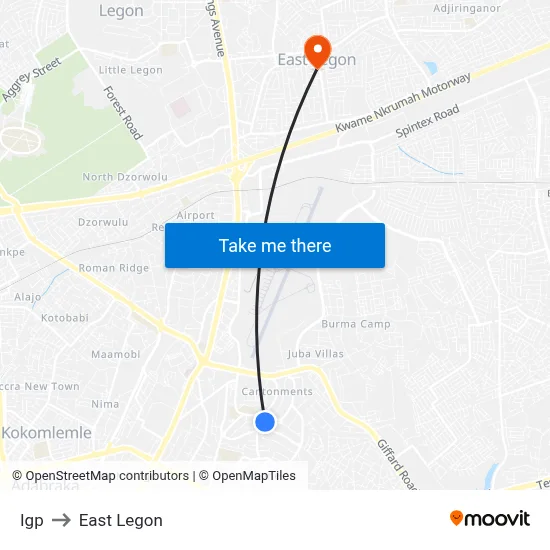 Igp to East Legon map