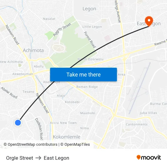 Orgle Street to East Legon map
