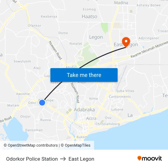 Odorkor Police Station to East Legon map