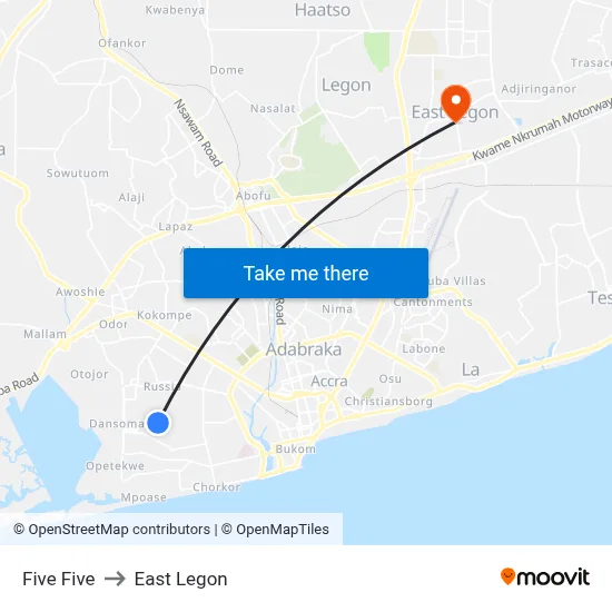 Five Five to East Legon map