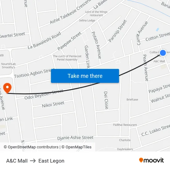 A&C Mall to East Legon map