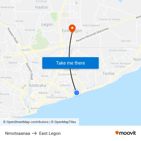Nmotsaanaa to East Legon map
