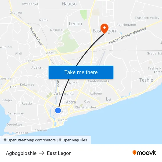 Agbogbloshie to East Legon map