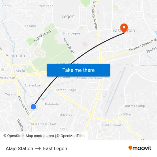 Alajo Station to East Legon map
