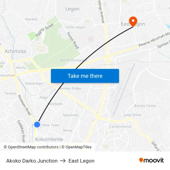 Akoko Darko Junction to East Legon map