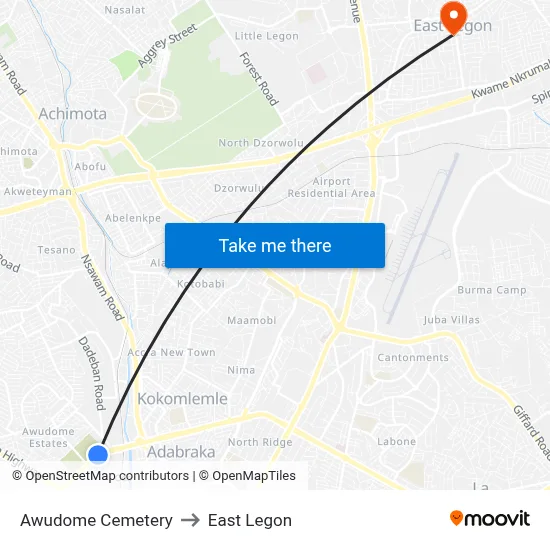 Awudome Cemetery to East Legon map