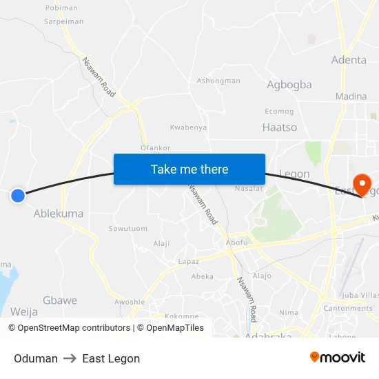 Oduman to East Legon map