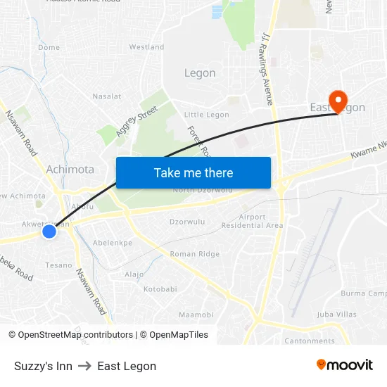 Suzzy's Inn to East Legon map