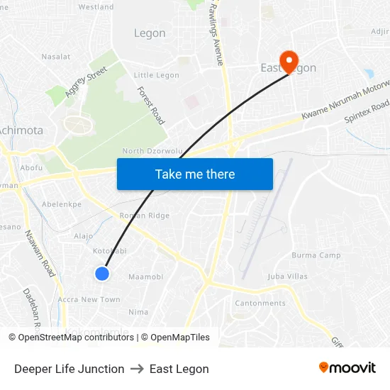 Deeper Life Junction to East Legon map